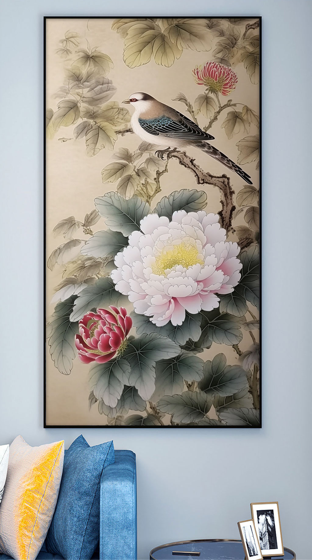 麻雀白色牡丹花工笔中式装饰画素材