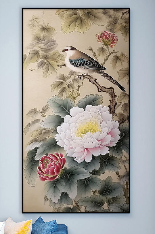 麻雀白色牡丹花工笔中式装饰画-众图网