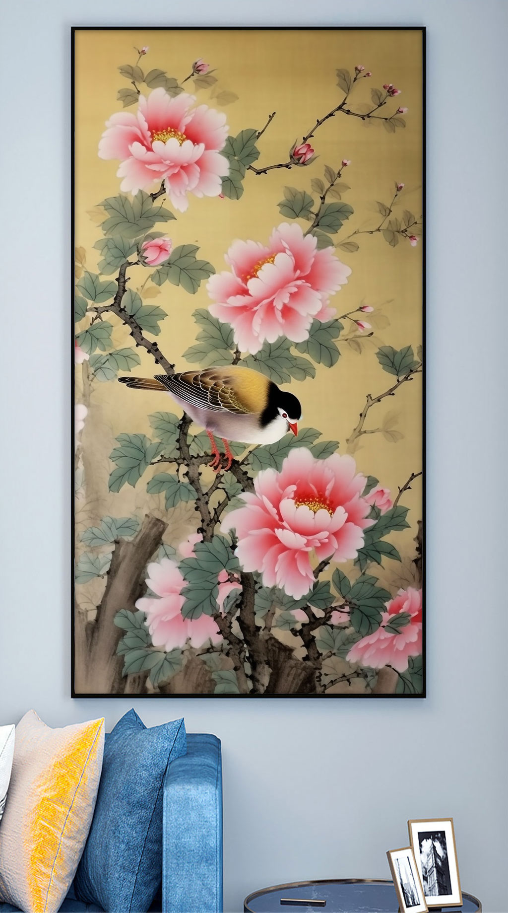 麻雀粉色牡丹花工笔中式装饰画素材