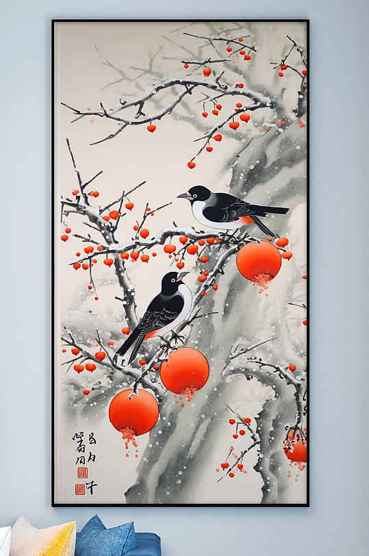 喜鹊红色冬青工笔中式装饰画-众图网