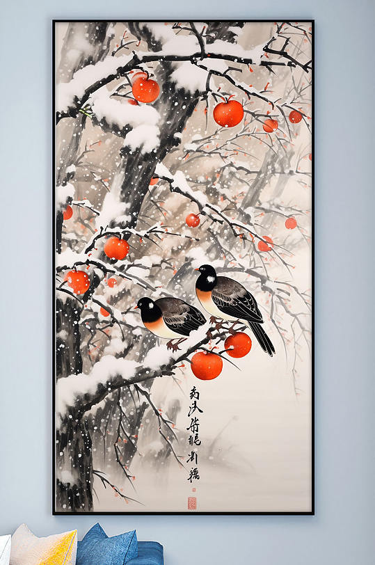 喜鹊红色冬青工笔中式装饰画-众图网