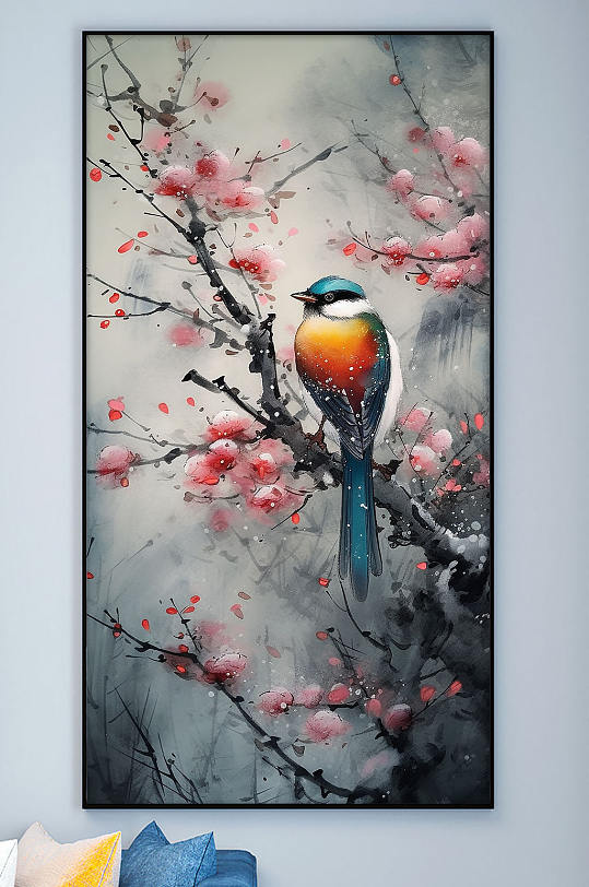 太平鸟粉色腊梅工笔中式装饰画-众图网