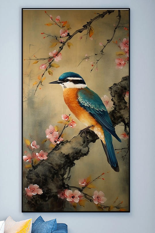 翠鸟粉色腊梅工笔中式装饰画-众图网