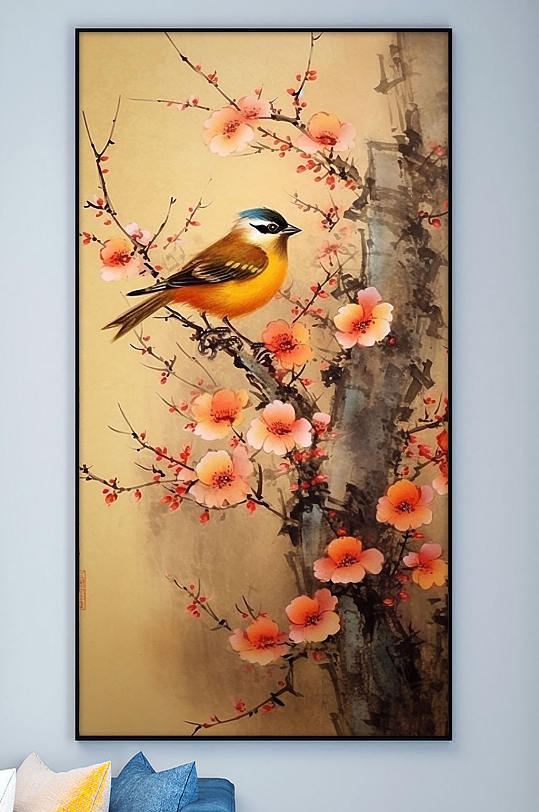 艺术翠鸟粉色腊梅工笔中式装饰画-众图网