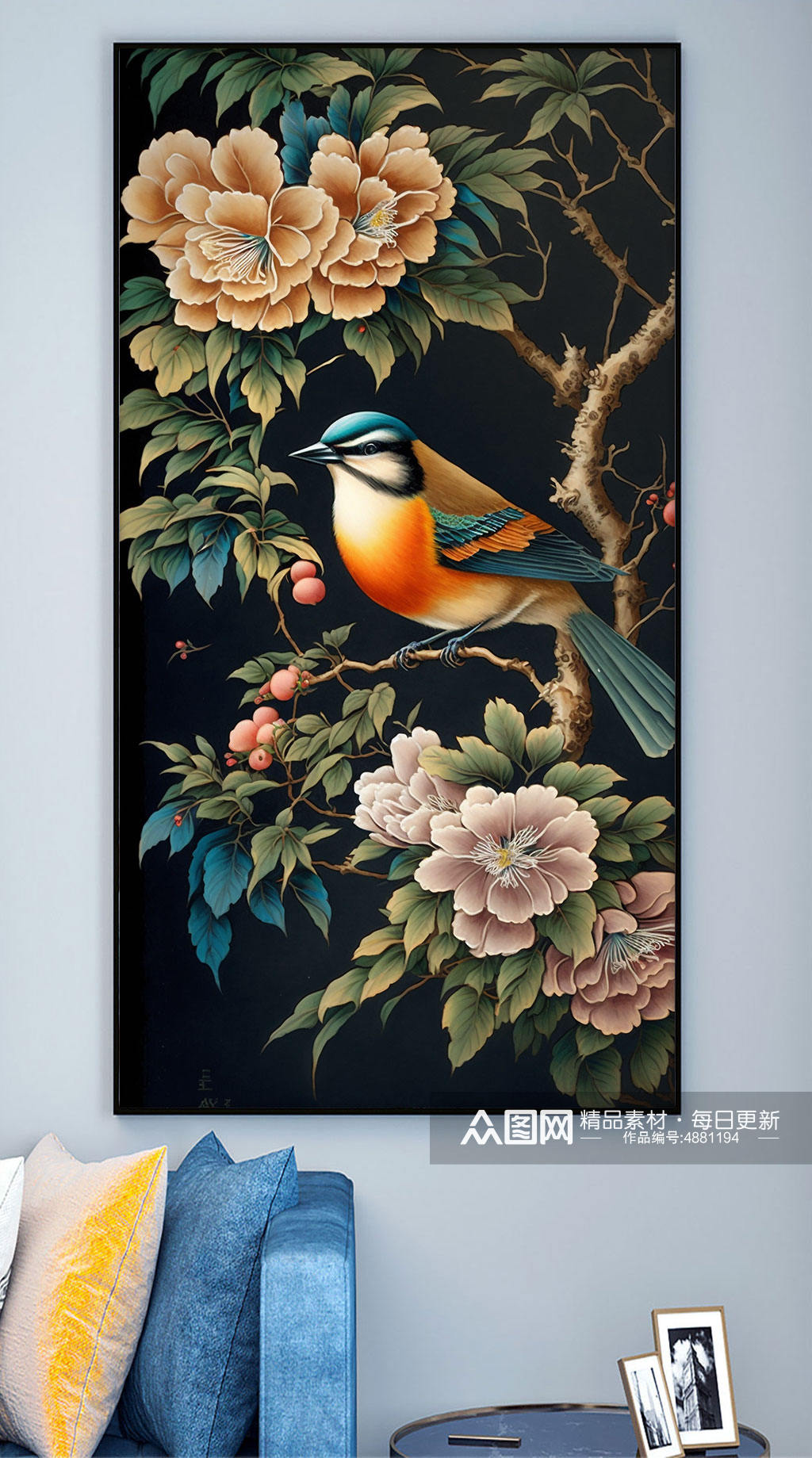 翠鸟牡丹花工笔中式装饰画素材