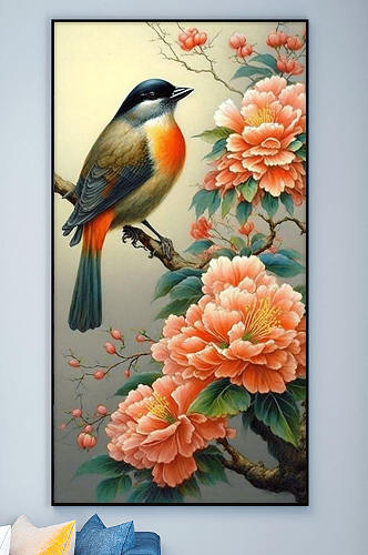 翠鸟红牡丹花工笔中式装饰画