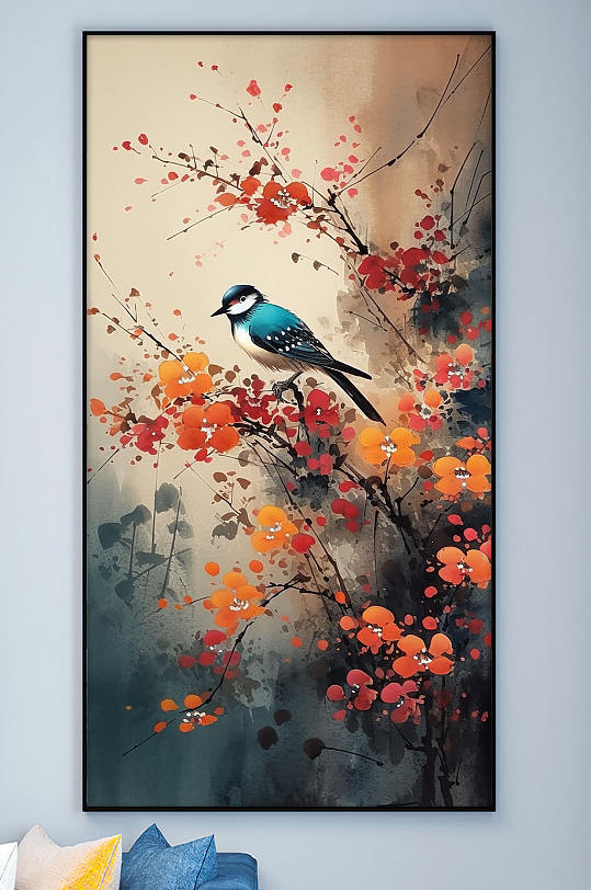 喜鹊红色山茶花工笔中式装饰画-众图网