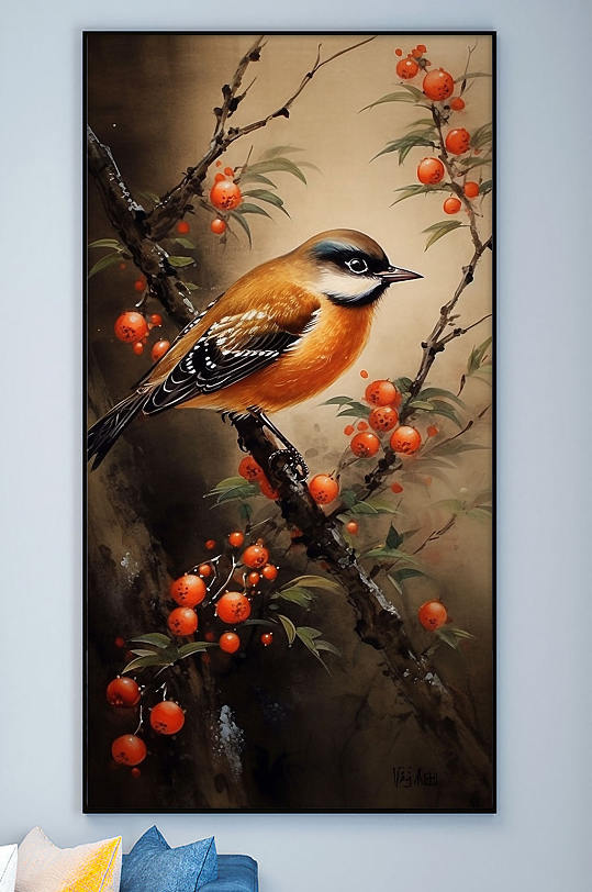 麻雀红色冬青工笔中式装饰画-众图网