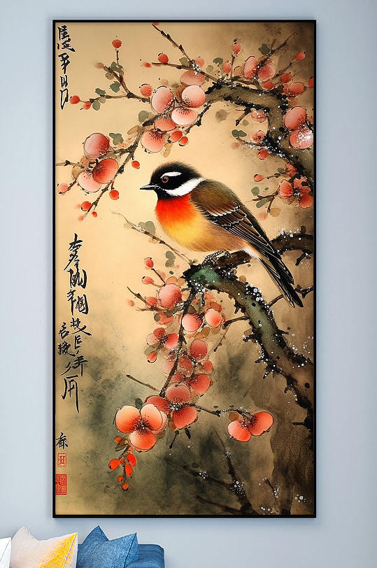 麻雀红色山茶花工笔中式装饰画-众图网