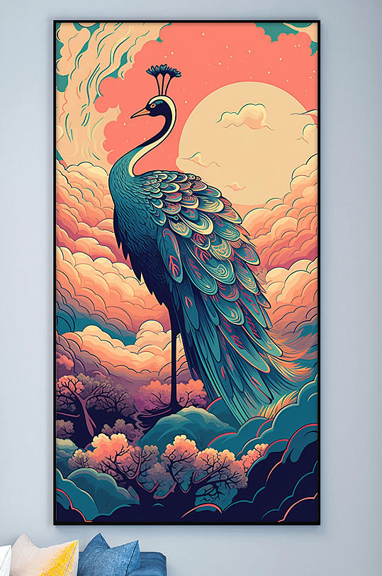 中国风红色天空国潮祥云装饰画-众图网