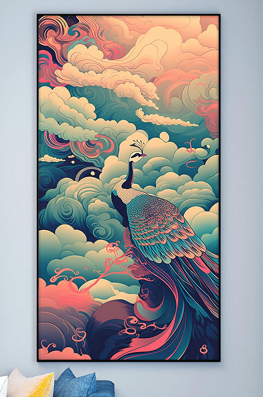 中国风红色天空国潮祥云装饰画-众图网