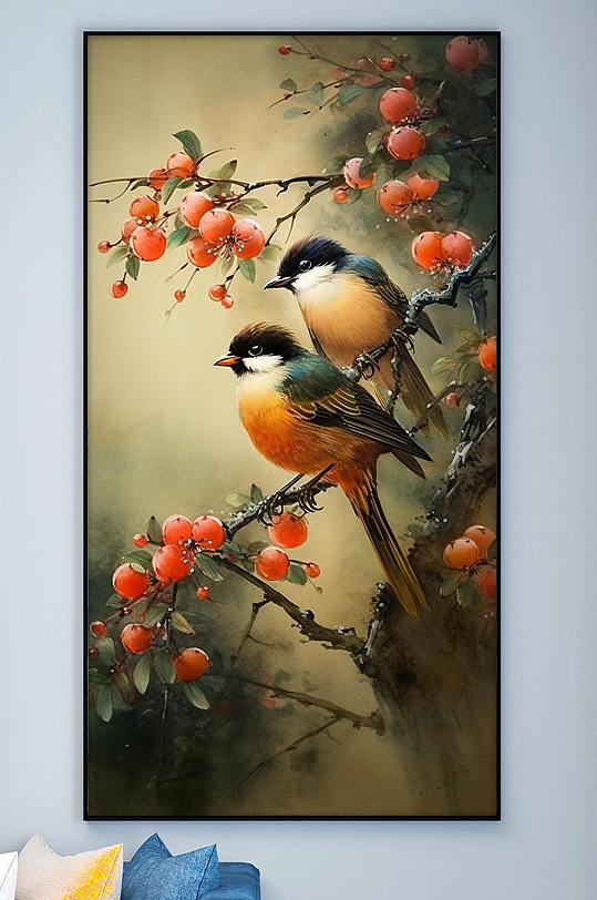 麻雀红色冬青工笔中式装饰画-众图网