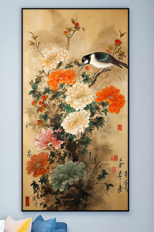 喜鹊牡丹花工笔中式装饰画
