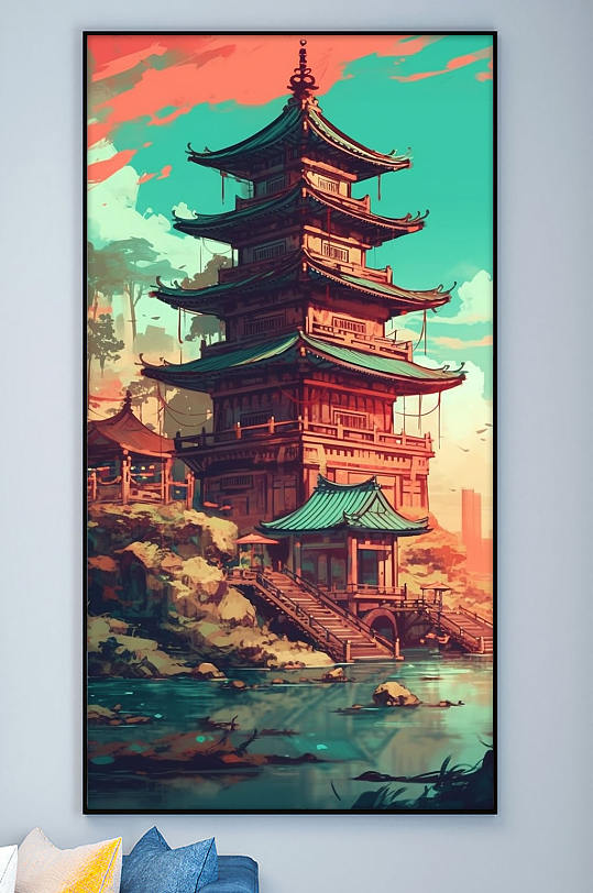 复古国潮中国风塔楼建筑装饰画