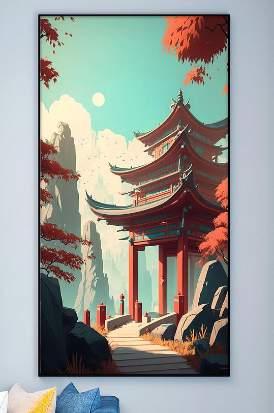 复古国潮中国风塔楼建筑装饰画-众图网