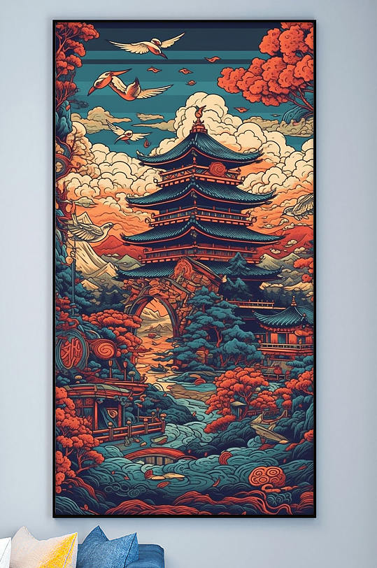 复古国潮中国风塔楼建筑装饰画