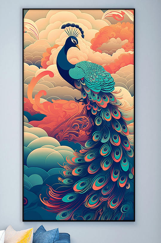 复古国潮中国风孔雀动物装饰画
