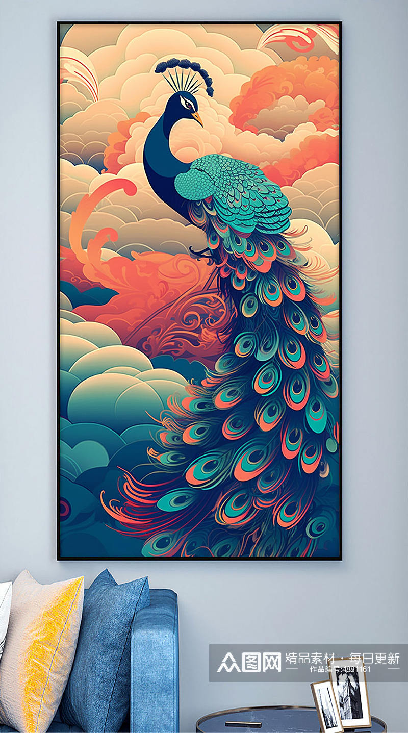 复古国潮中国风孔雀动物装饰画素材