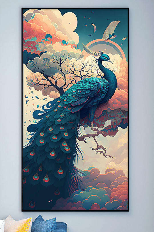 复古国潮中国风孔雀动物装饰画