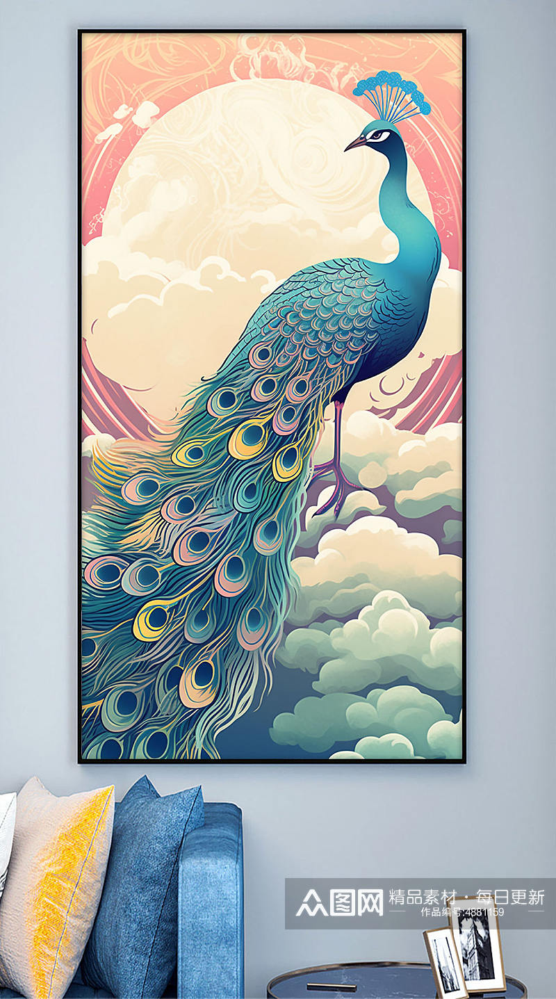 复古国潮中国风孔雀动物装饰画素材