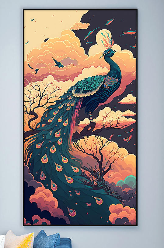 复古国潮中国风孔雀动物装饰画-众图网