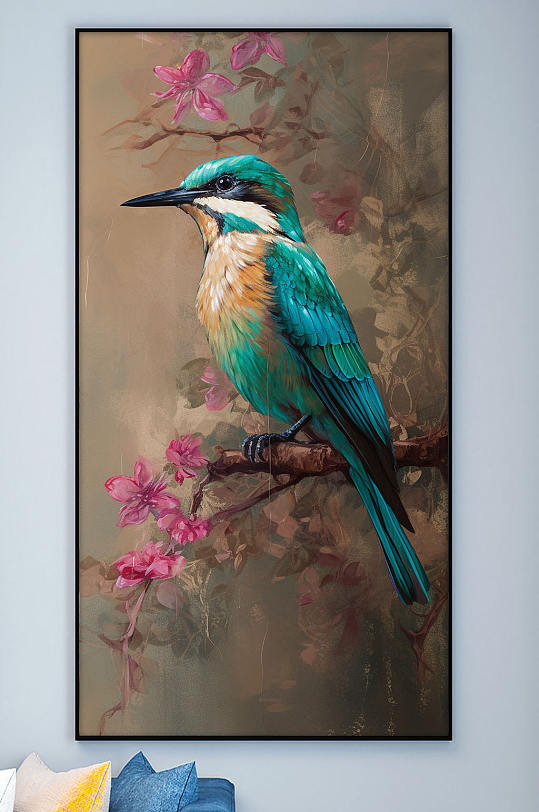 翠鸟粉色山茶花工笔中式装饰画-众图网