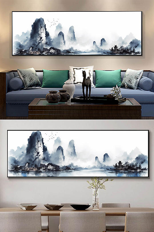 渔船横版中国风水墨山水插画新中式装饰画