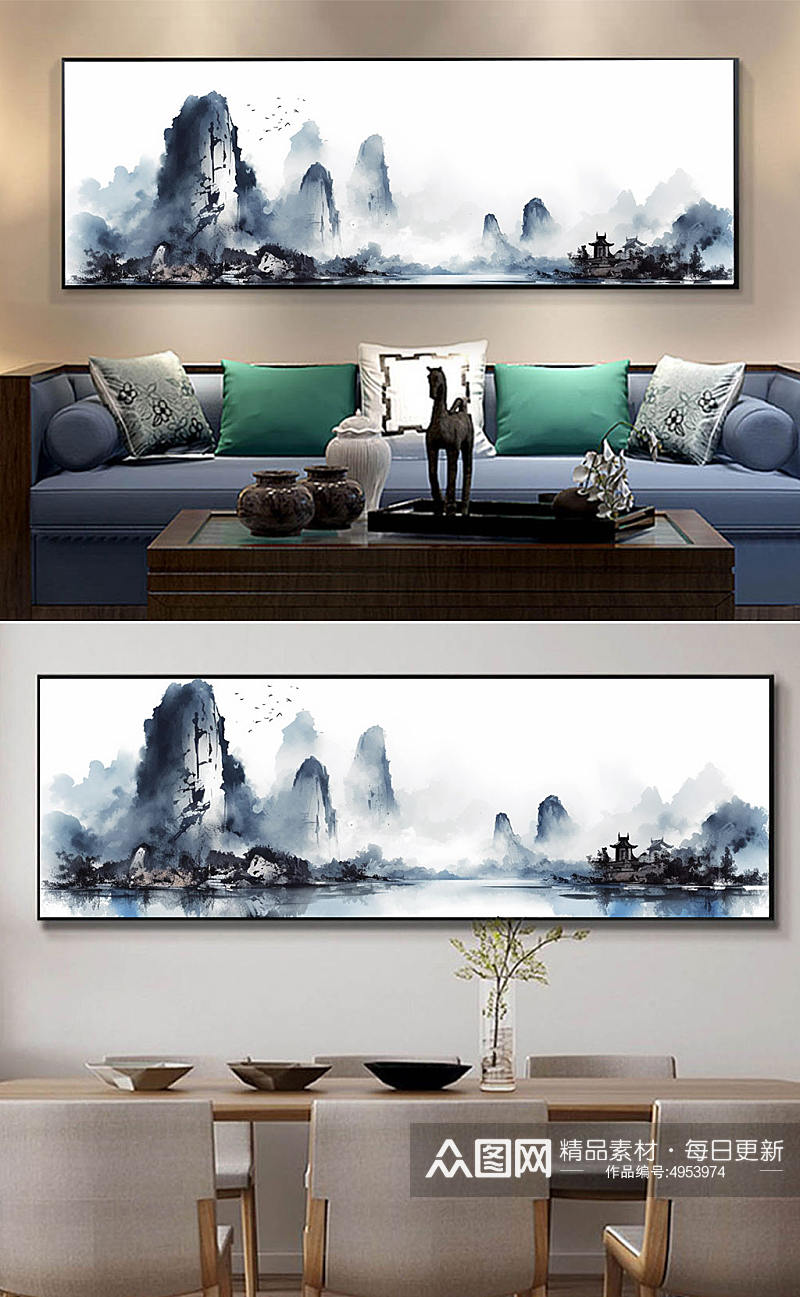 渔船横版中国风水墨山水插画新中式装饰画素材