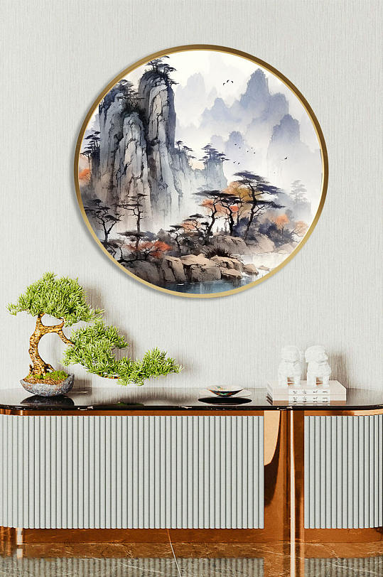 原创中国风水墨山水风景插画新中式装饰画