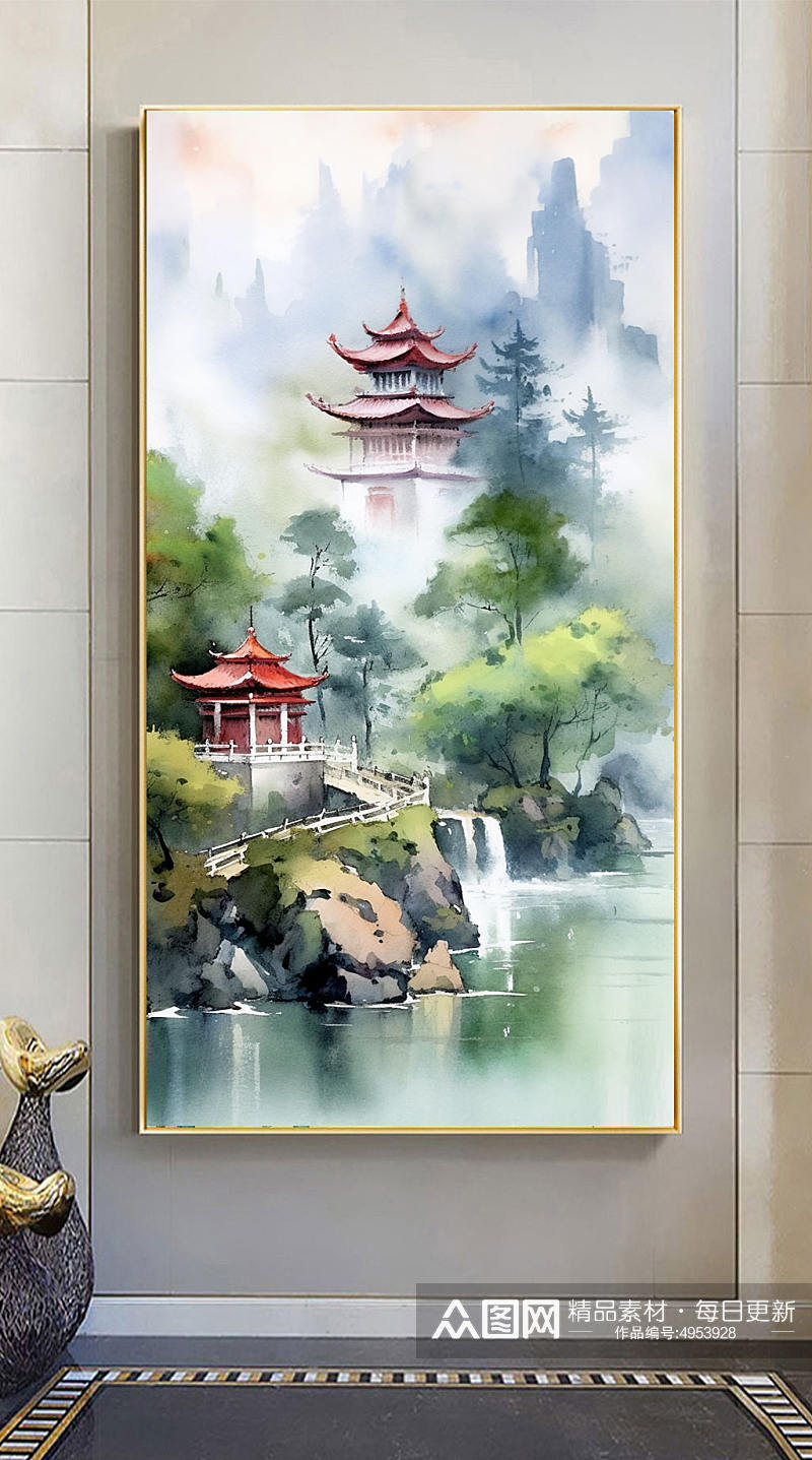原创中国风水墨山水风景插画新中式装饰画素材