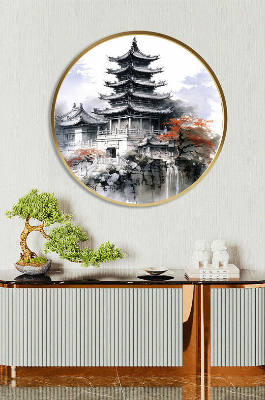 创意中国风水墨山水风景插画新中式装饰画-众图网