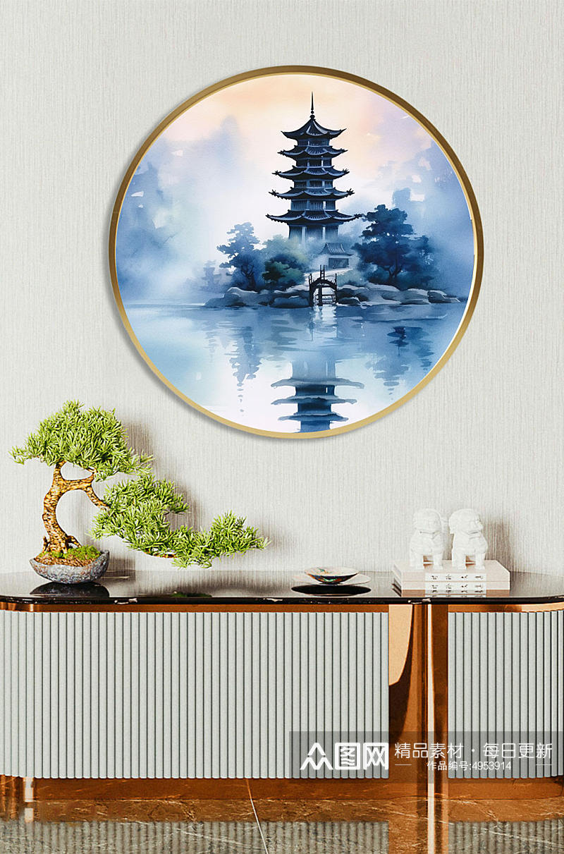 创意中国风水墨山水风景插画新中式装饰画素材