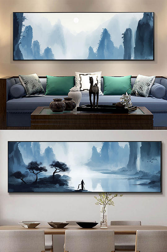 手绘中国风水墨山水画装饰画新中式装饰画-众图网