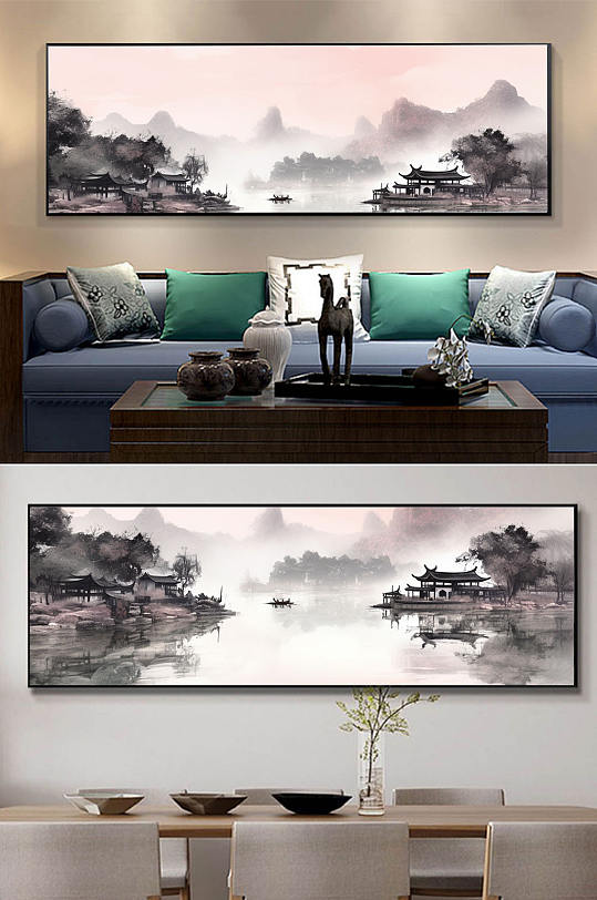 手绘中国风水墨山水画装饰画新中式装饰画-众图网