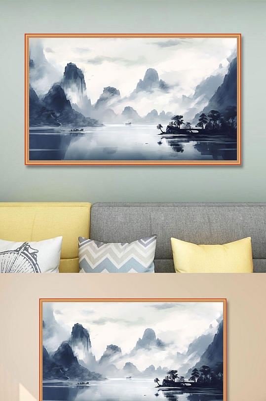 手绘中国风水墨山水画装饰画新中式装饰画-众图网