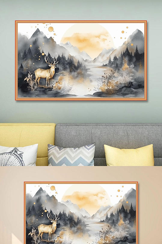 高清新中式金色山水画新中式装饰画-众图网