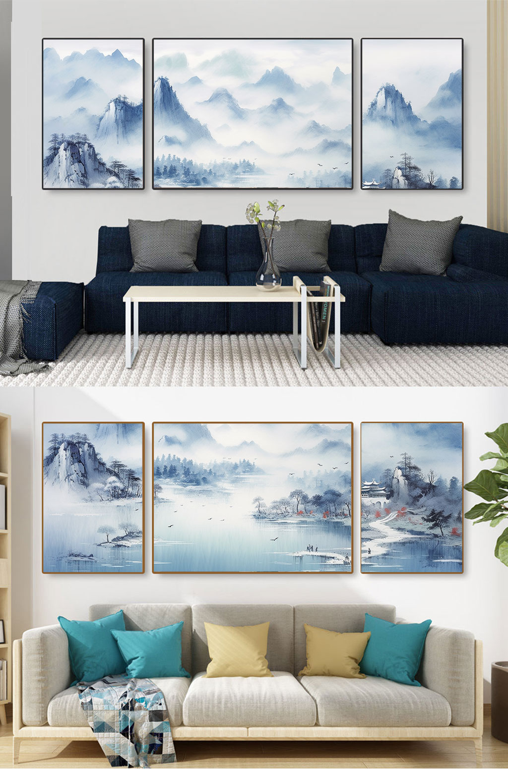 河流横版中国风水墨山水插画新中式装饰画素材