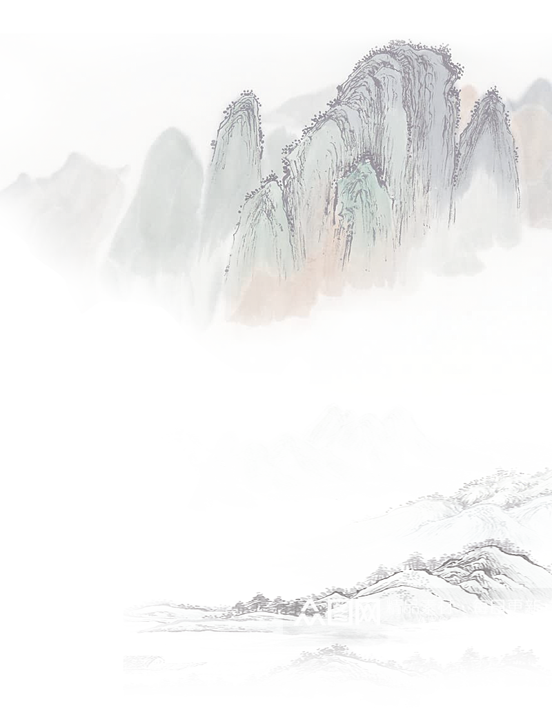 手绘古风花卉建筑水墨风景插画素材