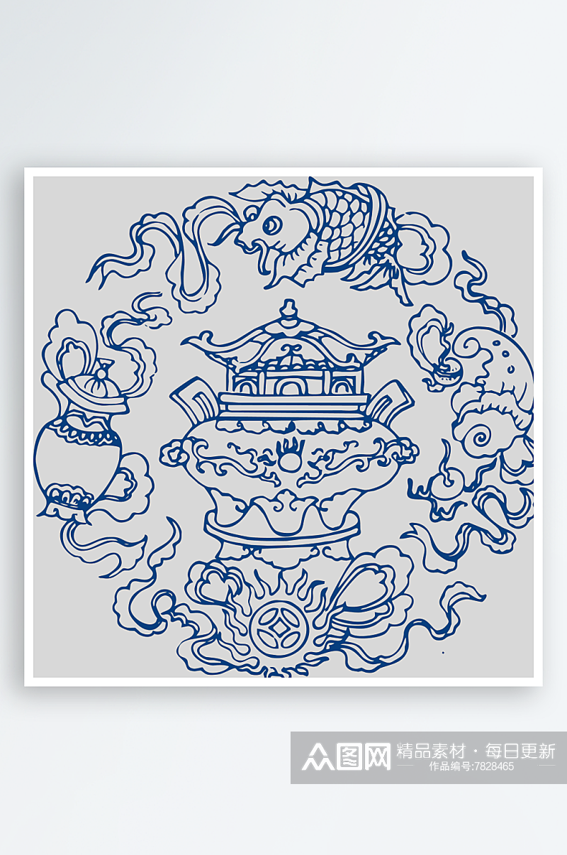 中国风青花瓷花纹镂空剪纸元素素材