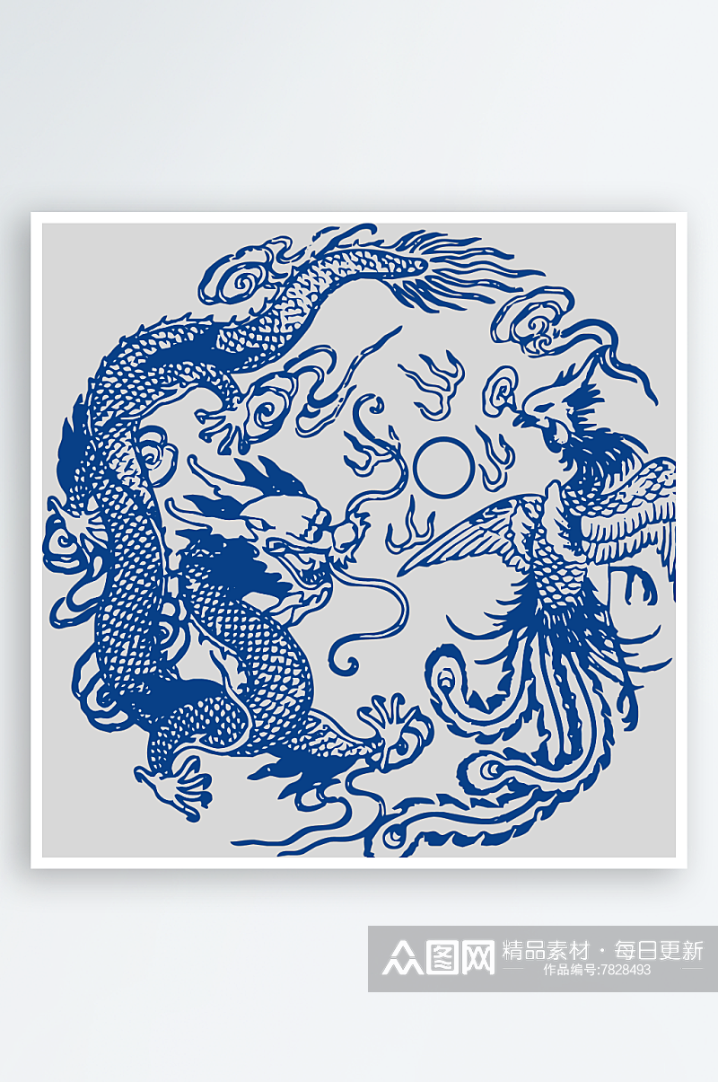 中国风青花瓷花纹镂空剪纸元素素材