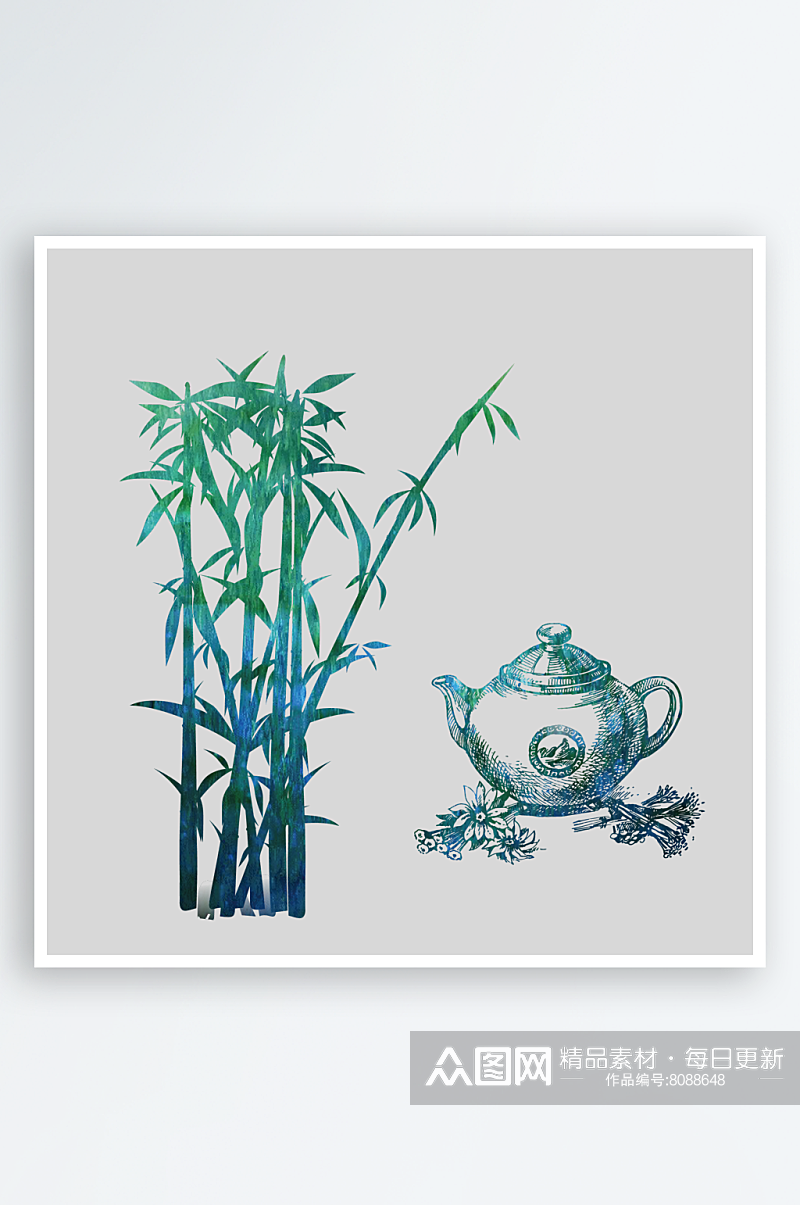 卡通手绘绿色竹子水墨竹叶竹节免扣图素材