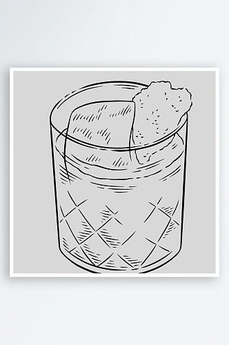 酒吧鸡尾酒洋酒手绘水果黑白线稿插画