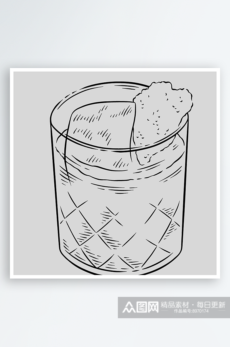 酒吧鸡尾酒洋酒手绘水果黑白线稿插画素材
