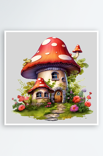 水彩风格可爱的红蘑菇房子毒药PNG素材