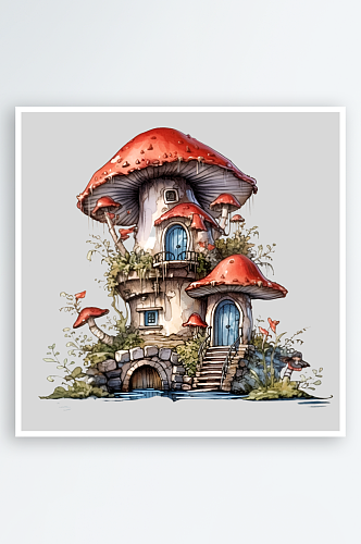 水彩风格可爱的红蘑菇房子毒药PNG素材