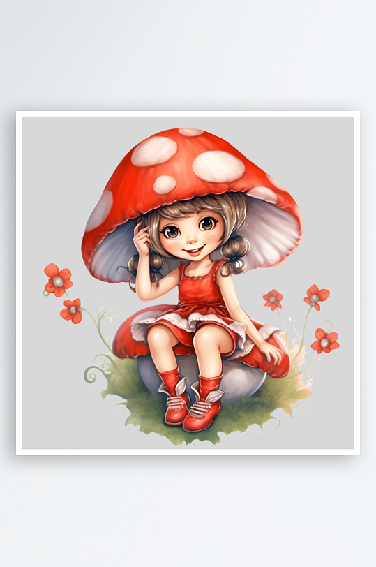 水彩彩色卡通可爱红蘑菇女孩房子PNG素材