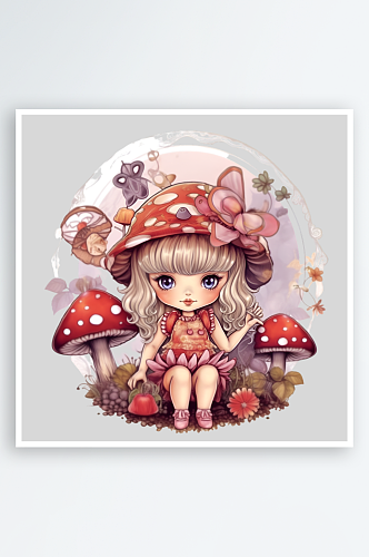 水彩彩色卡通可爱红蘑菇女孩房子PNG素材
