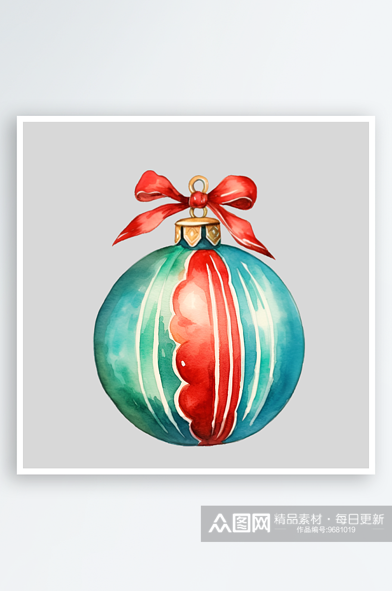 手绘水彩圣诞树彩灯礼物糖果棒装饰元素素材