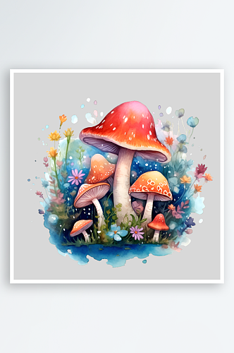 水彩彩色卡通可爱红蘑菇晕染PNG素材