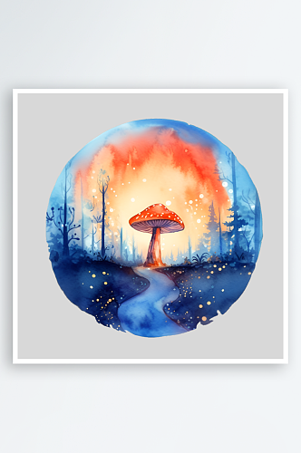 水彩彩色卡通可爱红蘑菇晕染PNG素材